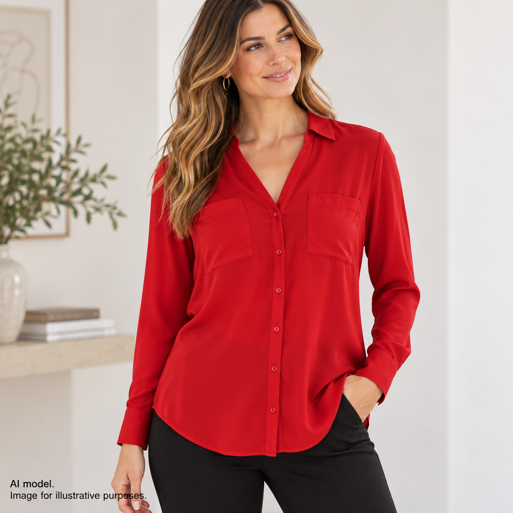 Express Shirt Women Medium Red Portofino Flowy Airy Pleated Back Career Pockets